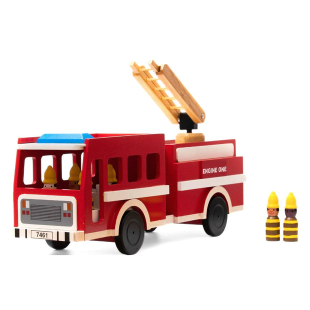 Wooden Fire Truck with Firefighters Toy Set showing 4 men inside and 2 outside