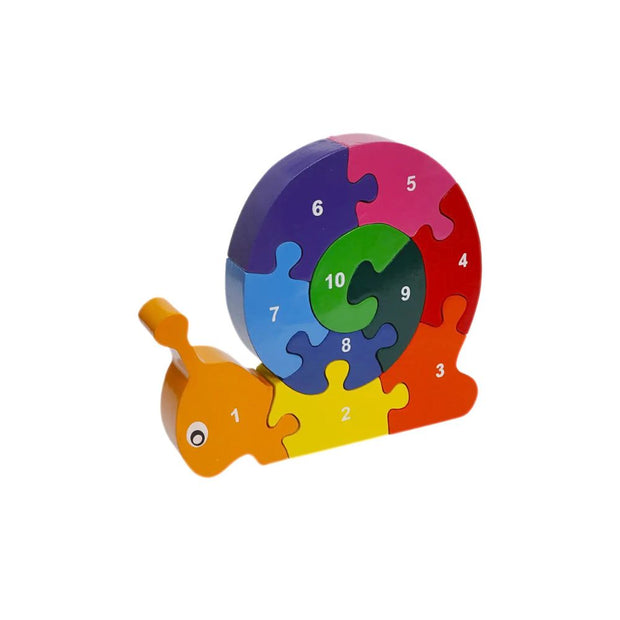 Standing Wood Snail Jigsaw Puzzle with color pieces numbered 1 to 10
