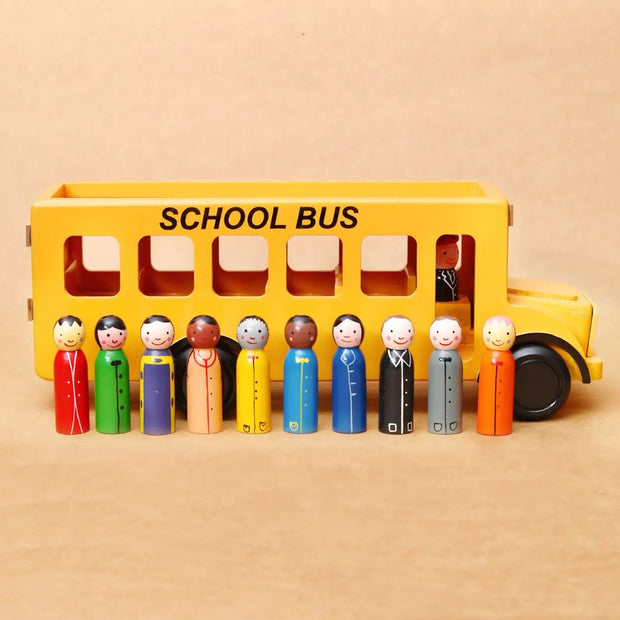 Wooden School Bus with 10 Children and Driver kids outside