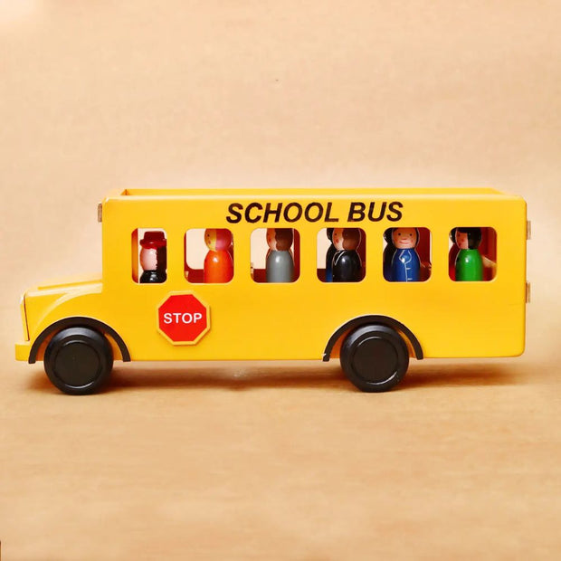 Wooden School Bus with 10 Children and Driver showing stop sign