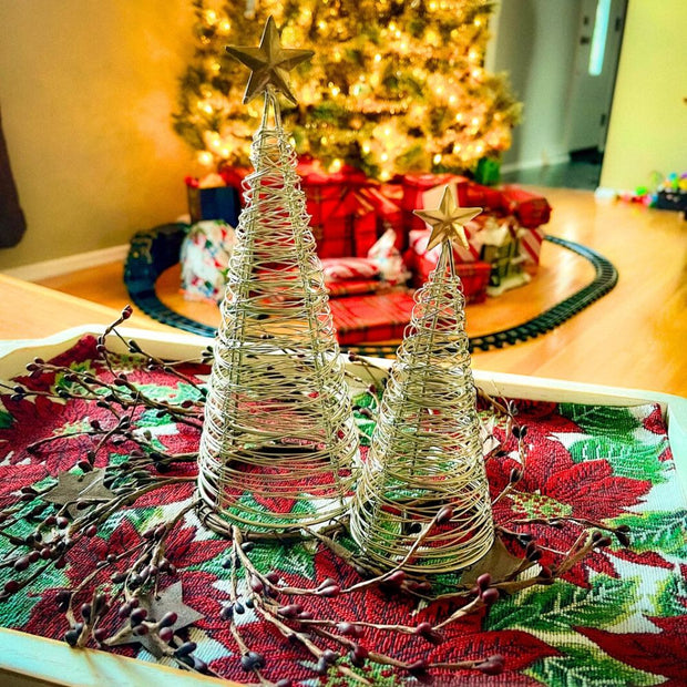 Two Wrapped Wire Trees with Gold Star on a holiday tray