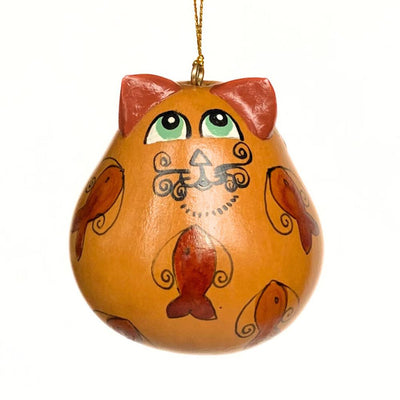 Hand-painted Cat with Goldfish Gourd Ornament front view