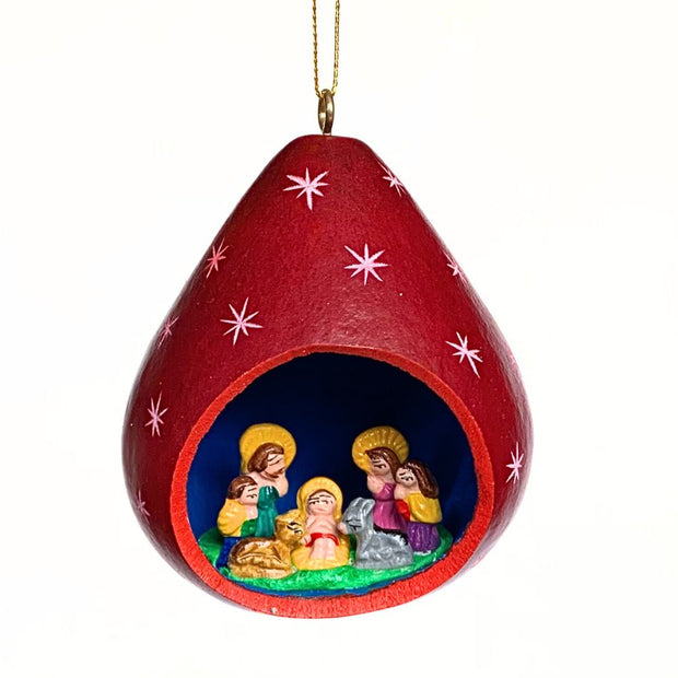 red gourd ornament with tiny ceramic nativity scene inset