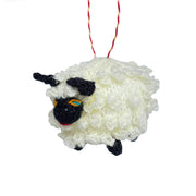 Hand-knit Sheep Ornament with red and white loop for hanging