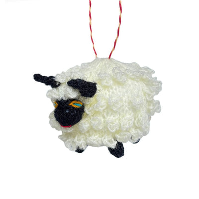 Hand-knit Sheep Ornament with red and white loop for hanging