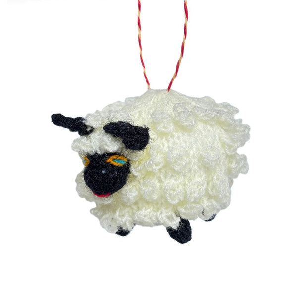 Hand-knit Sheep Ornament with red and white loop for hanging