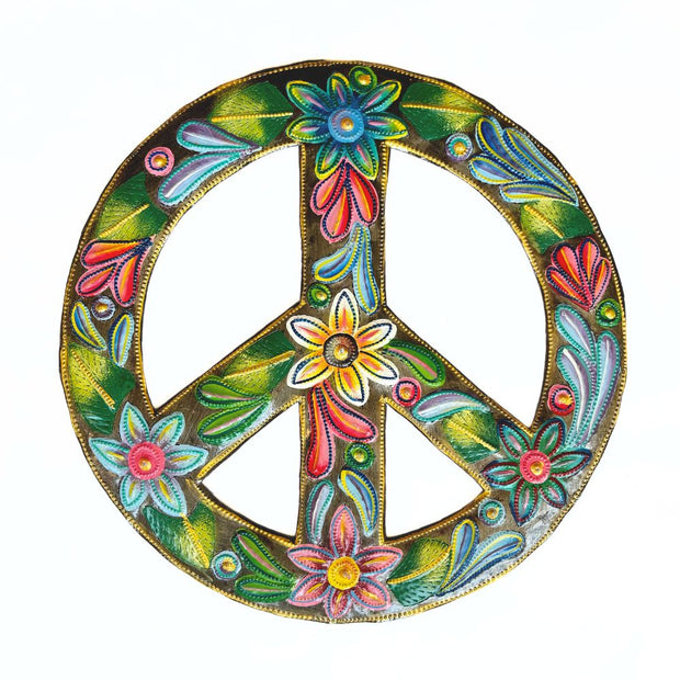 13-inch Painted Floral Peace Wreath Repurposed Metal Wall Art