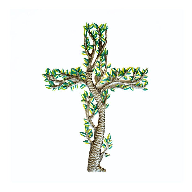 Painted Repurposed Metal Cross with Branches and Leaves