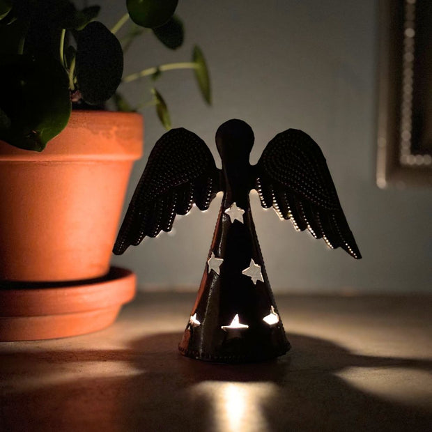 Recycled Metal Little Standing Angel for Tea Lights lifestyle