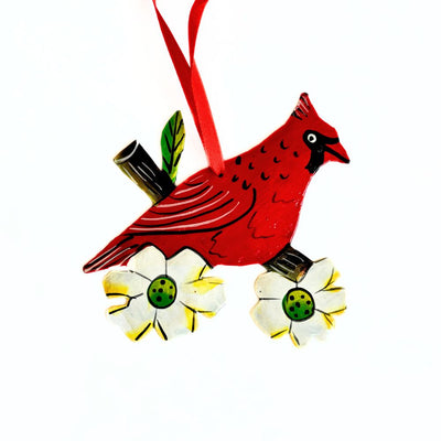 Recycled Metal Painted Cardinal on Dogwood Ornament