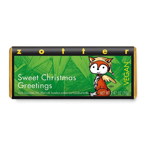 Zotter Hand-Scooped Chocolate 70g Bar - Sweet Christmas Greetings in package
