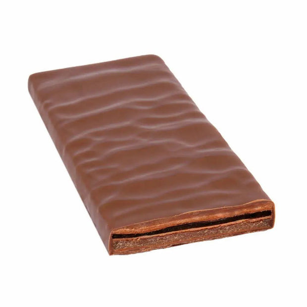 Zotter Hand-Scooped Chocolate 70g Bar - Orange Marzipan showing filling