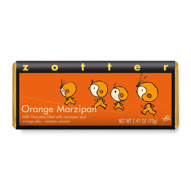 Zotter Hand-Scooped Chocolate 70g Bar - Orange Marzipan in package