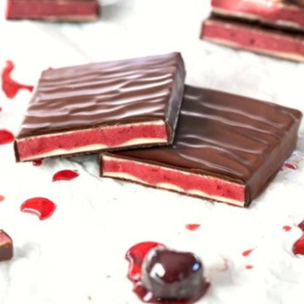 Zotter Hand-Scooped Chocolate 70g Bar - Amarena Cherry in luscious and decadent samples
