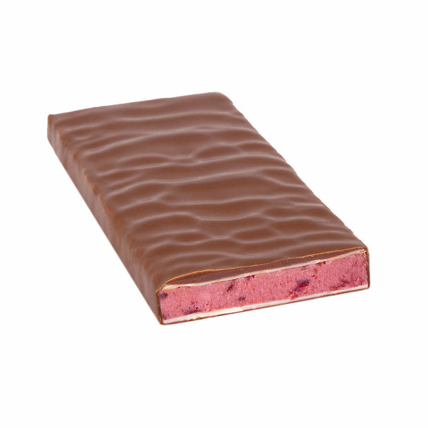 Zotter Hand-Scooped Chocolate 70g Bar - Amarena Cherry open showing filling