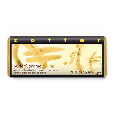 Zotter Hand-Scooped Chocolate 70g Bar - Butter Caramel in package