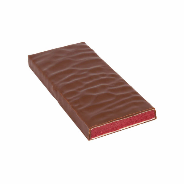 Zotter Hand-Scooped Chocolate 70g Bar - Raspberry showing filling