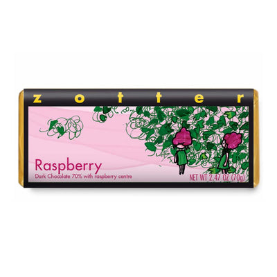 Zotter Hand-Scooped Chocolate 70g Bar - Raspberry packaged
