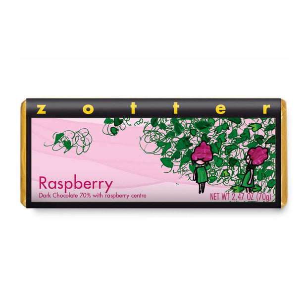 Zotter Hand-Scooped Chocolate 70g Bar - Raspberry packaged