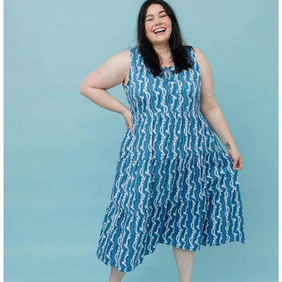 Thais Tiered Plus Size Sleeveless Dress Blue Samudra front view