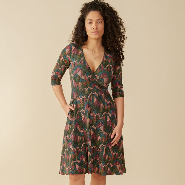 Mata Traders Callie 3/4 Sleeve Wrap Dress - Geo Jewels on model front view