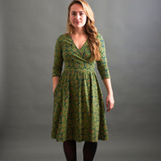 Callie Long Sleeve Wrap Dress Olive Floral front view