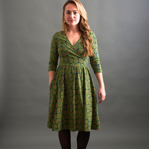 Callie Long Sleeve Wrap Dress Olive Floral front view