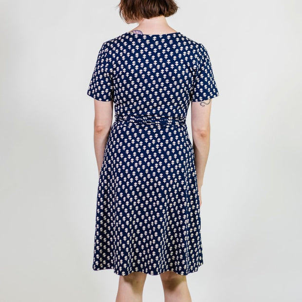 Mata Traders Katie Wrap Dress with Micro Floral Navy print on model back view
