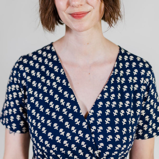 Mata Traders Katie Wrap Dress with Micro Floral Navy print on model close-up