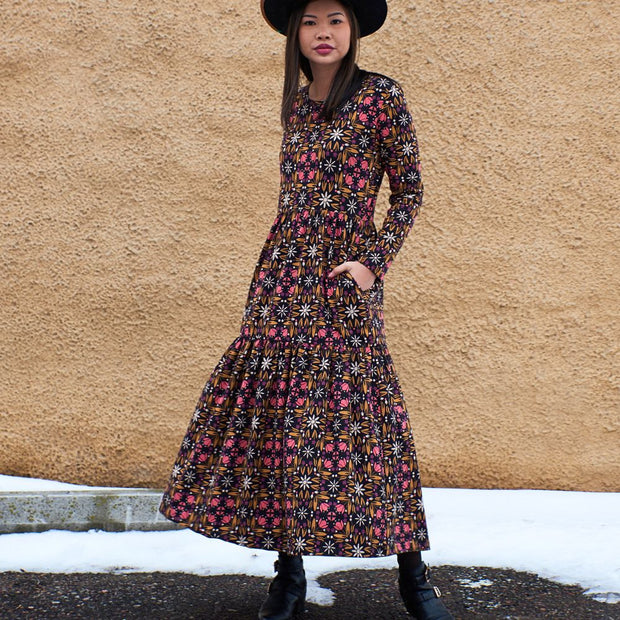Mata Traders Mirah Long Sleeve Tiered Dress - Mauve Tile on model front view