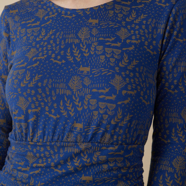 Mata Traders Novela 3/4 Sleeve Dress - Cobalt Foxes close-up view showing print detail