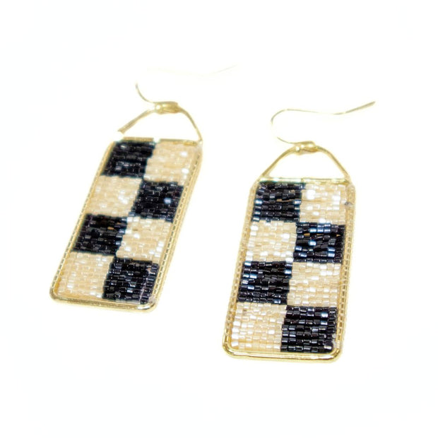 Checker Beaded Dangle Earrings Black & White