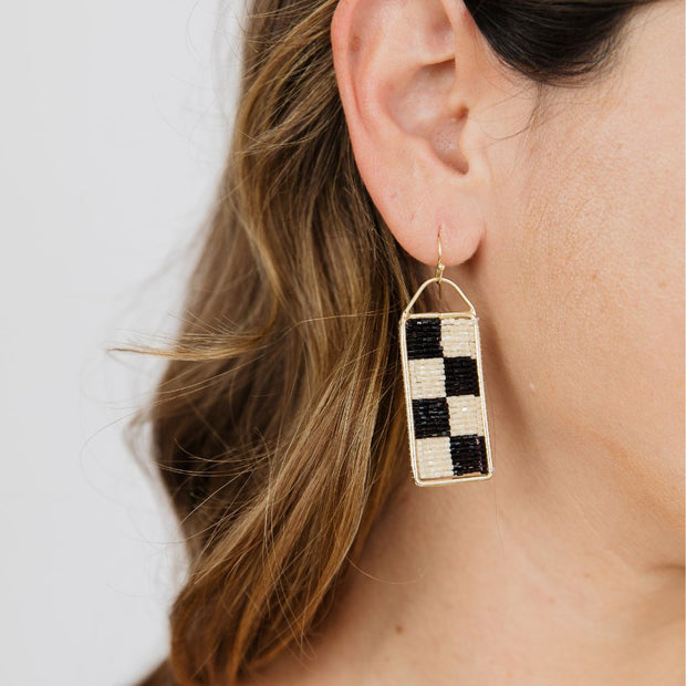 Checker Beaded Dangle Earrings Black & White on model