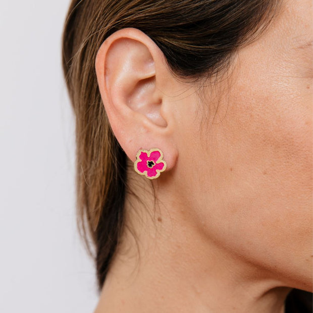 Blossom Stud Earrings Magenta on model
