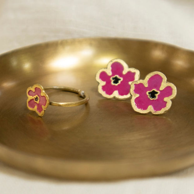 Blossom Stud Earrings Magenta shown together with matching ring