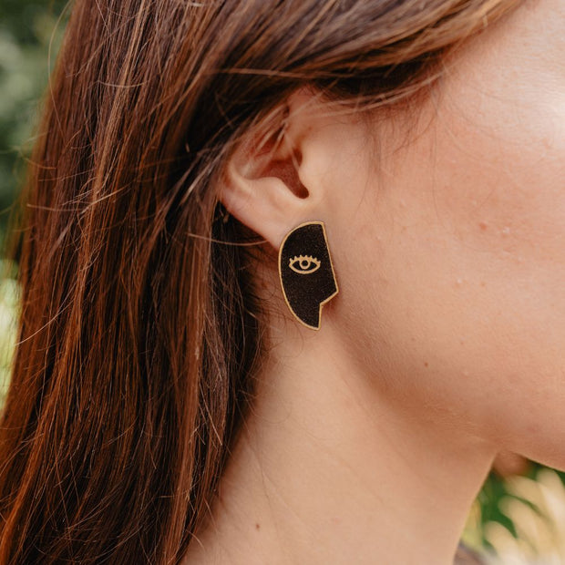Mata Traders Of Two Minds Stud Earrings on model showing side one