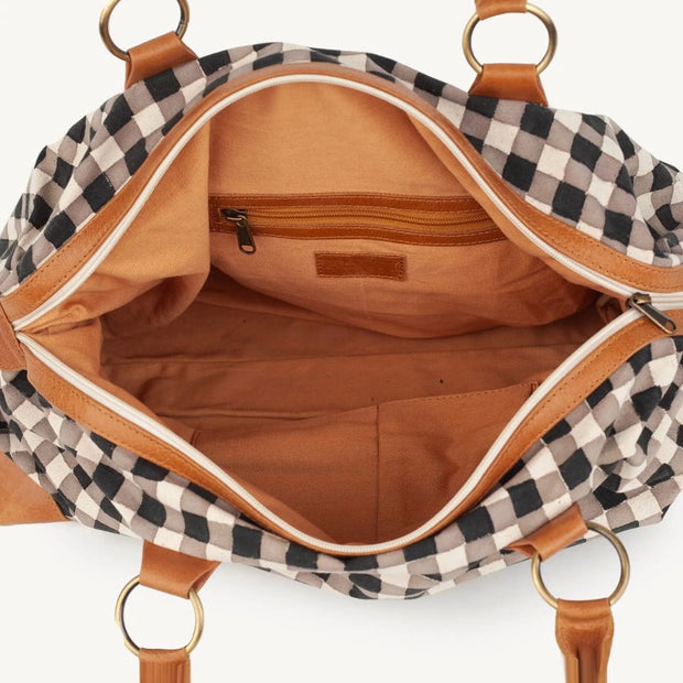Carryon Weekender Bag in Ink Gingham print showing roomy interior