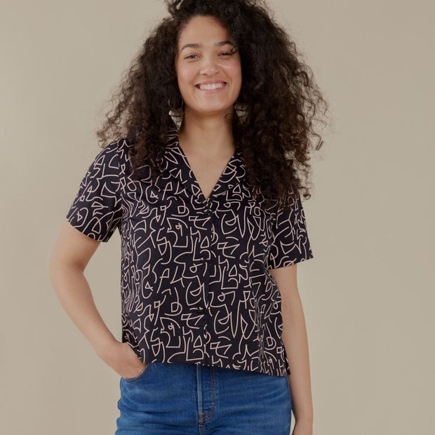 Mata Traders Camp Shirt - Black Lines on model front view