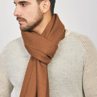 Brushed Baby Alpaca Fringed Scarf - Camel on a male model