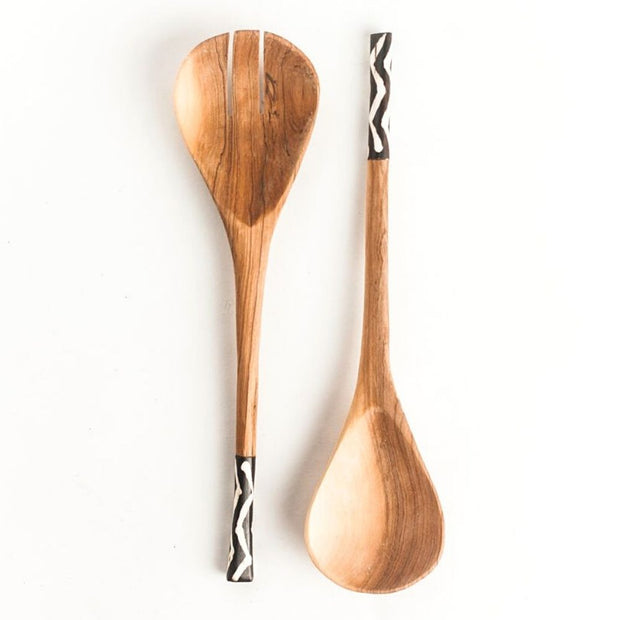 13-inch Olive Wood and Batiked Bone Handles Serving Spoons