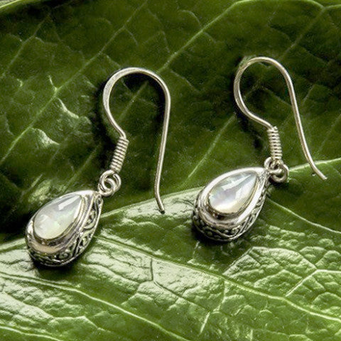Antik Sterling Silver and Mother of Pearl Teardrop Earrings from Bali Indonesia
