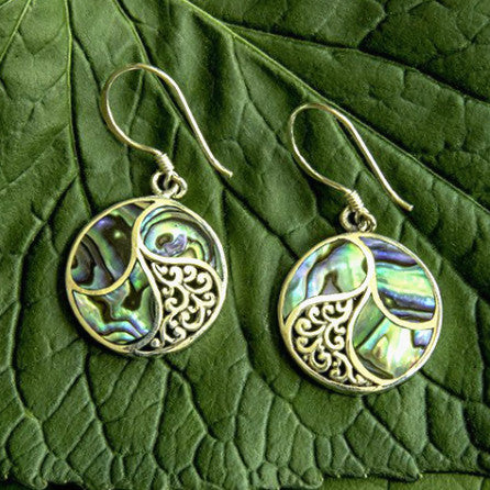Saja Round Abalone and Sterling Silver Scroll Earrings from Bali