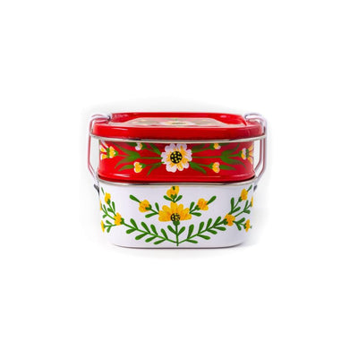 Reusable Stacked Square Steel Tiffin Container - Red and White Floral