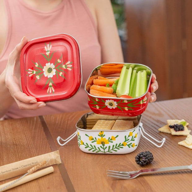 Reusable Stacked Square Steel Tiffin Container - R with a person showing food inside