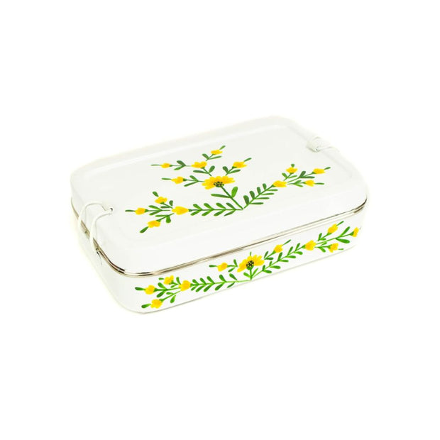 Reusable Rectangle Steel Tiffin Container - White Floral closed