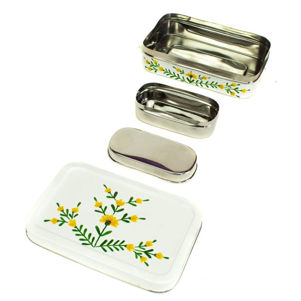 Reusable Rectangle Steel Tiffin Container - White Floral open showing all parts
