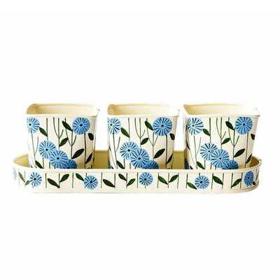 Blue Flower 3-Piece Metal Pot Planter with Tray