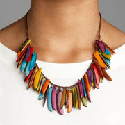 Tagua Necklace Feather Multi Rainbow Colors on model