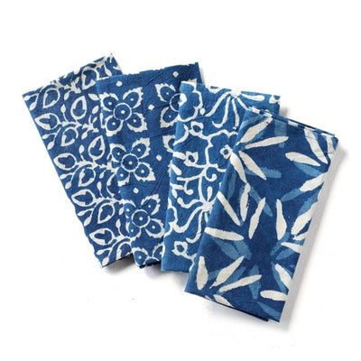 Set of Four Block Printed Cotton Square Indigo Dabu Napkins