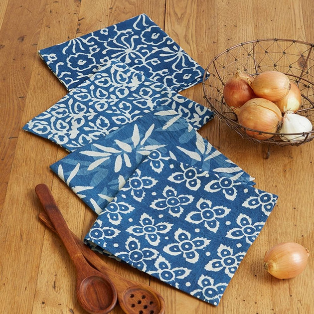 Block Printed Cotton Square Indigo Dabu Napkins - Set of 4